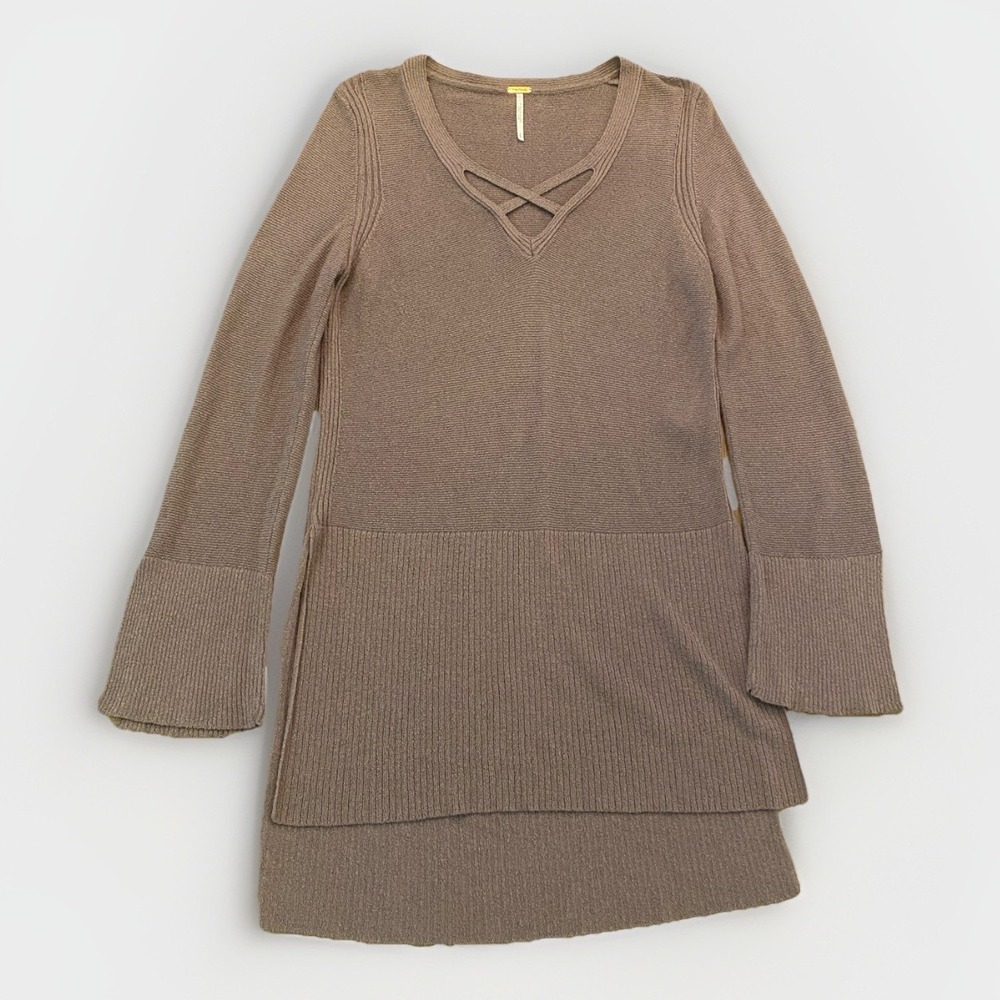 Free People Crisscross V-neck Tunic Sweater size Small Petite long‎ sleeve Boho